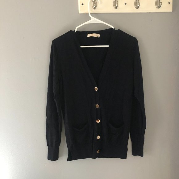 Tory Burch Navy Blue 100% Merino Wool V-Neck Cardigan Small Gold Logo Buttons - Picture 2 of 10